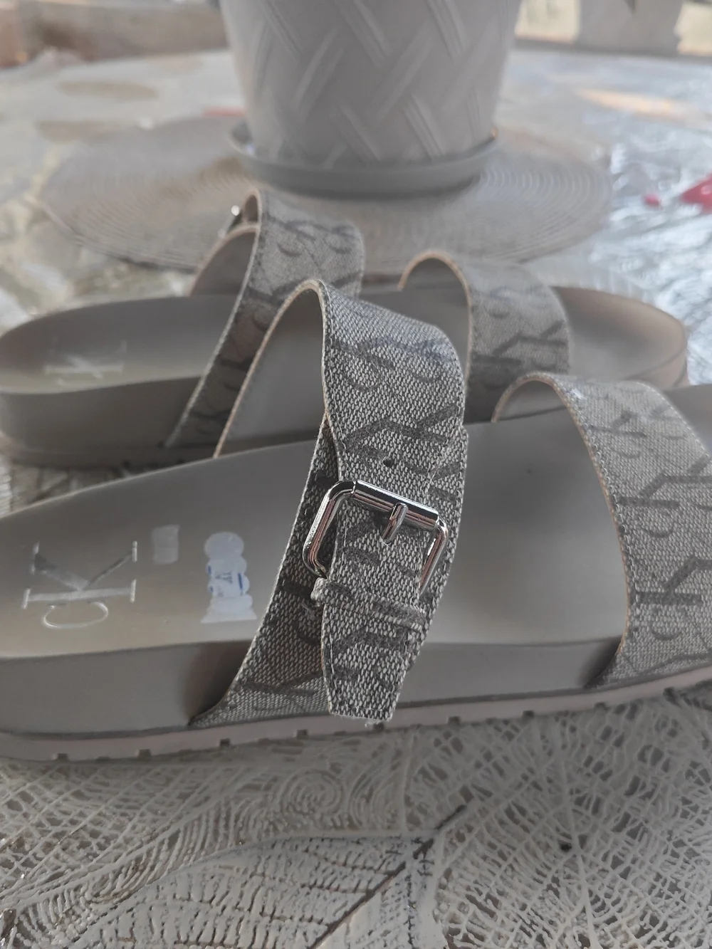 Calvin Klein Women's Beige Logo Double-Strap Slide Sandals